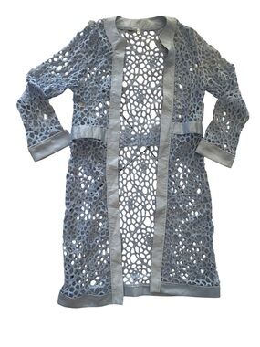 Source Unknown Light Blue Crochet Lace Robe with Satin Trim